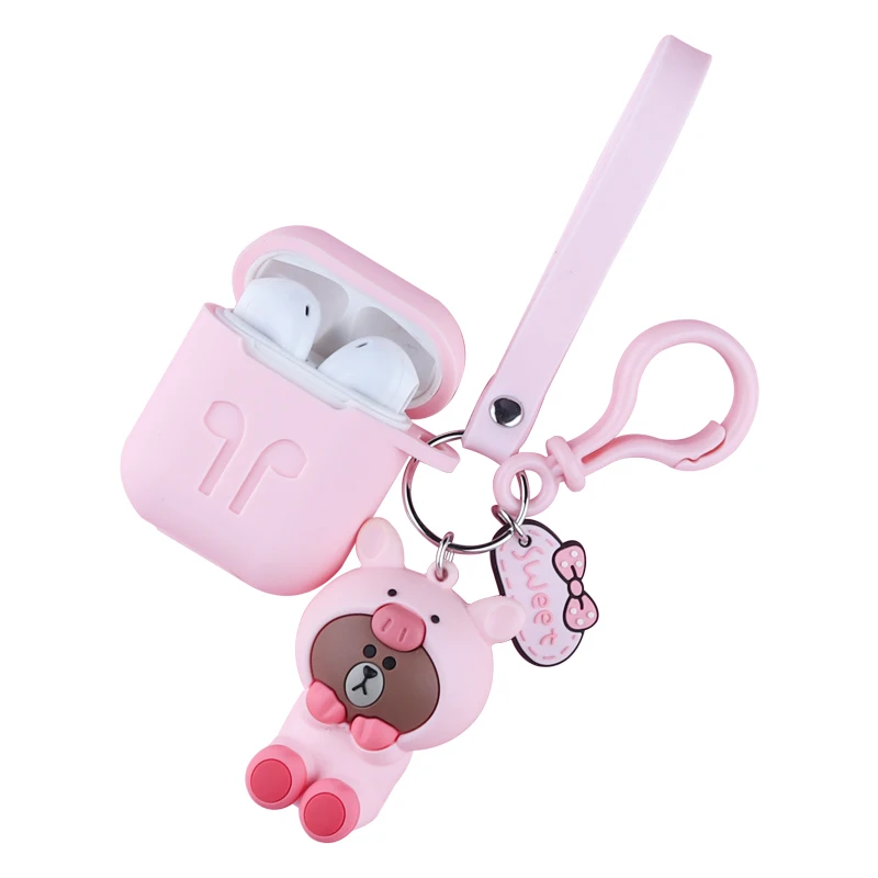 Силиконовый чехол для AirPods милый защитный чехол Bluetooth чехол для наушников apple airpods2 аксессуары с брелком розовый медведь