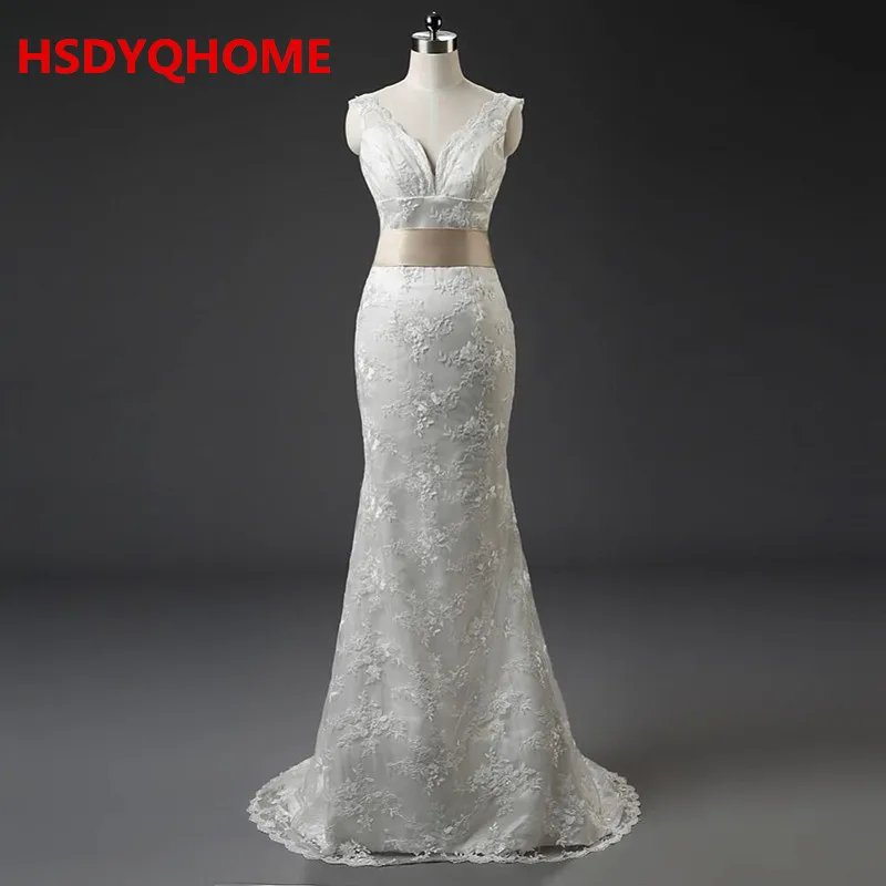 

In Stock Women's New Elegant White Ivory Lace Bridal Gown Mermaid Wedding Dress Vintage Cheap vestido De noiva With Sash