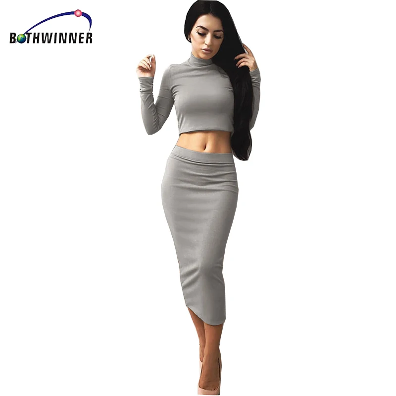 Bothwinner 2 Pieces Bandage Elegant Two Piece Outfits Set Dresses Women Pencil Winter Long Sleeve Midi Clothes | Женская одежда