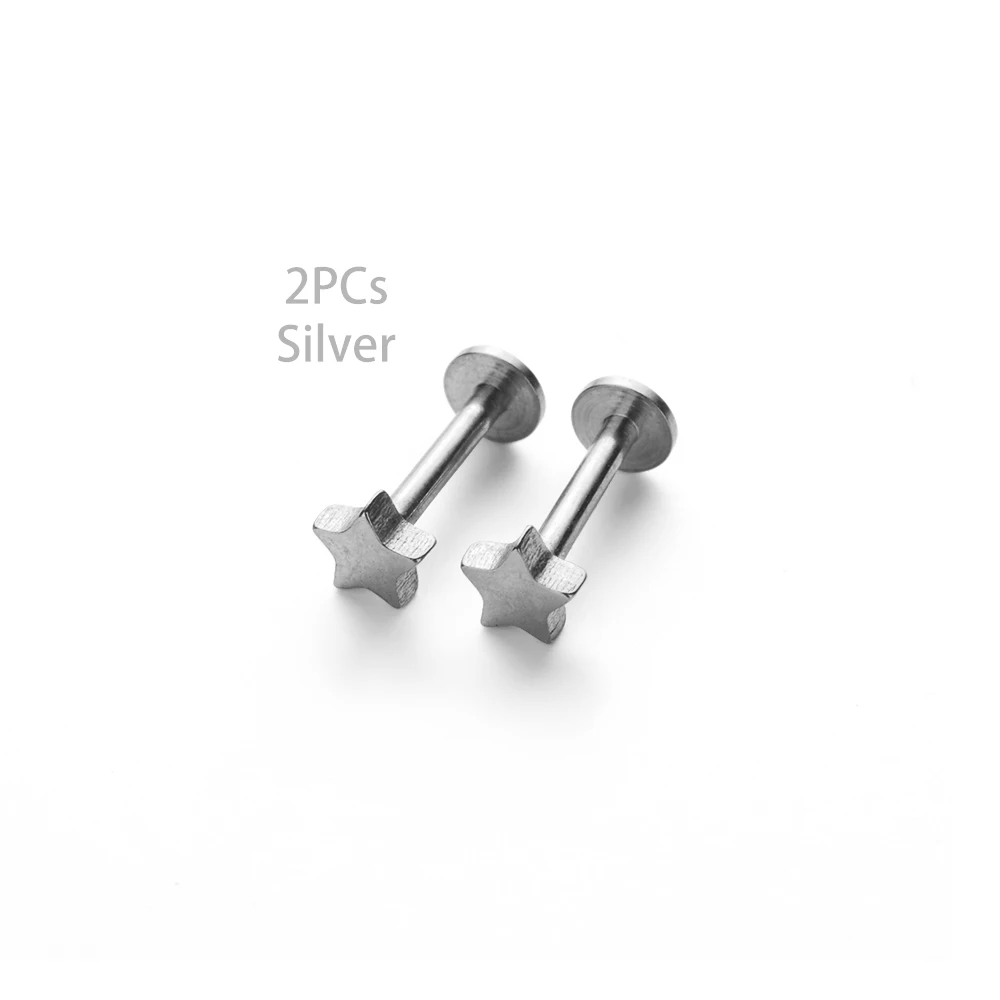 Silver 2 шт Звезда штанги Серьги на Козелок тела Лабрет хрящевая спираль хирургическая сталь серьги гвоздики, пирсинг тела ювелирные изделия унисекс инструменты - Окраска металла: Silver