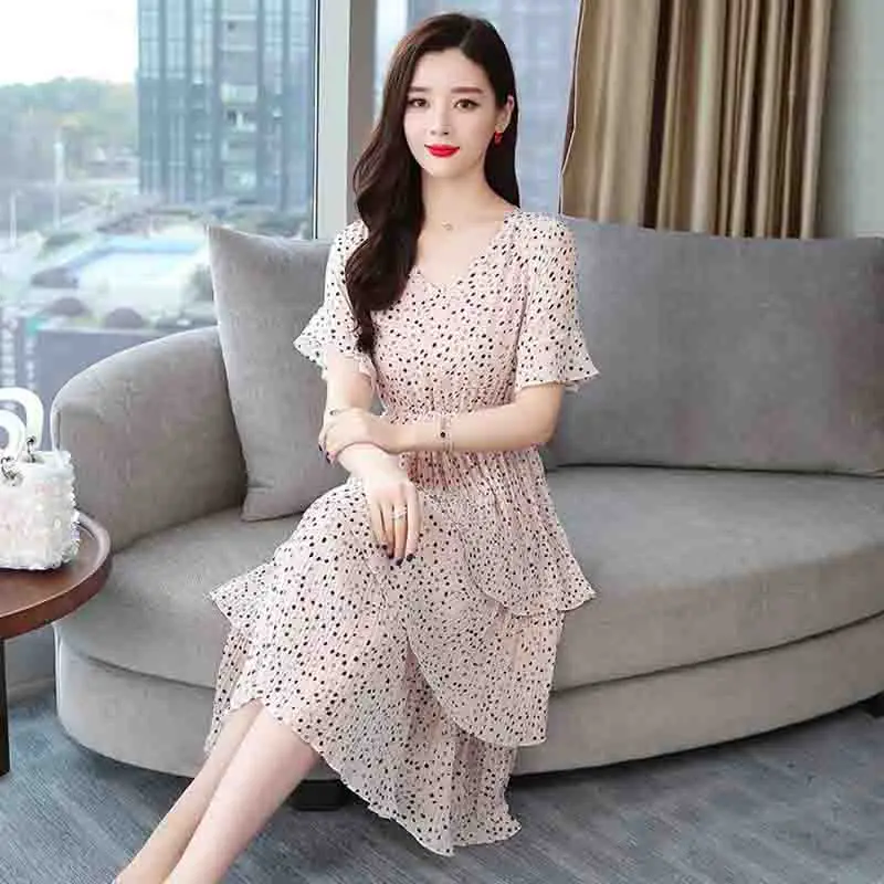 Женское платье 2019 Летняя мода Повседневное горошек печати шифон элегантный