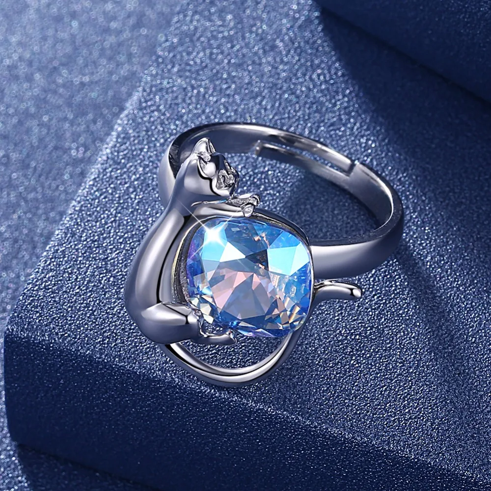 LEKANI кристаллы от кольца swarovski 925 Простой Благородный котенок кольцо из стерлингового серебра милые элегантные женские ювелирные кольца подарок