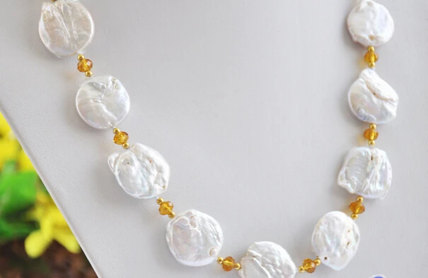 huij 0033053 22mm white baroque coin freshwater pearl faceted citrine necklace | Украшения и аксессуары