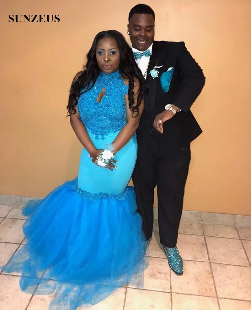 Платье для выпускного бала синее кружевное платье с высоким воротом и