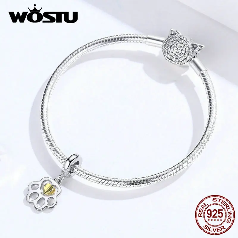 WOSTU Paw Dog Footprint Висячие Подвески бусины из стерлингового серебра 925 подходит для