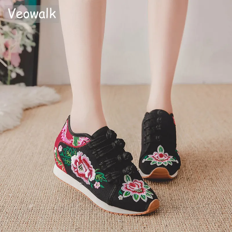 Veowalk зимние теплые женские кроссовки с флисовой подкладкой холщовые вышивкой