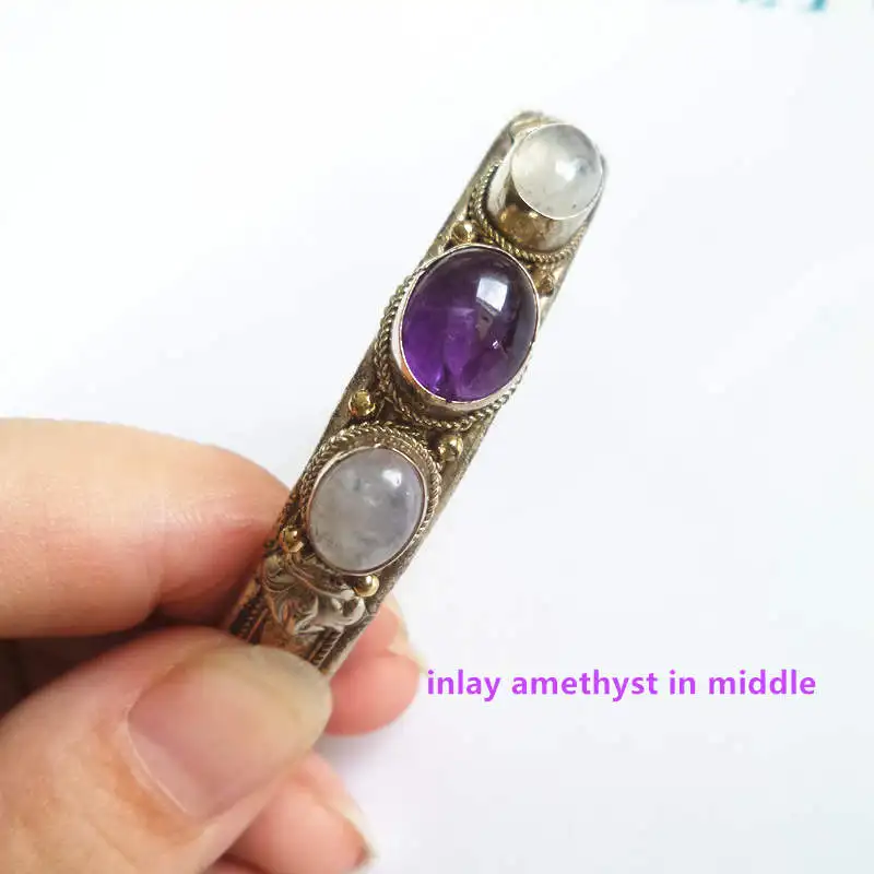 Amethyst middle BB-230 индийская Роза медь инкрустация серебряный с лунным камнем бусины Браслеты Винтаж открытый манжеты из Непала - Окраска металла: Amethyst middle