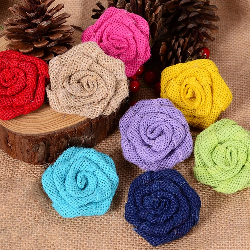 

50pcs/lot 10 colors Popular European Rustic Wedding Decora Burlap Flowers wreath Natural Burlap Roses 100% Burlap Jute Flowers