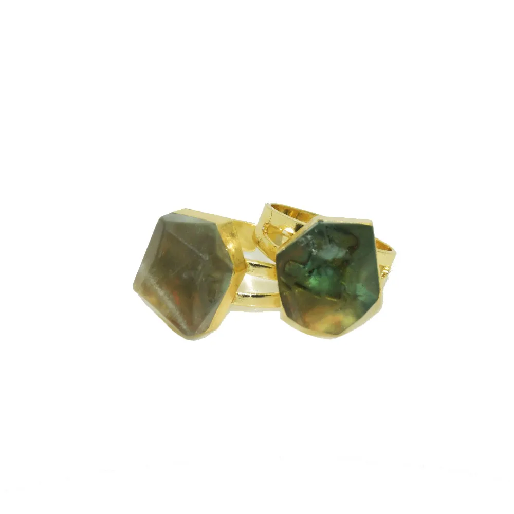 Anéis fluorites naturais 2019, anéis ajustáveis de cristal de quartzo para mulheres, joias com moldura de ouro verde e irregular