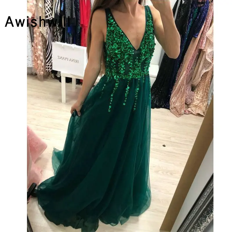 

Женское вечернее платье из тюля, изумрудно-Зеленое Длинное платье для выпускного вечера с V-образным вырезом и блестками, 2020