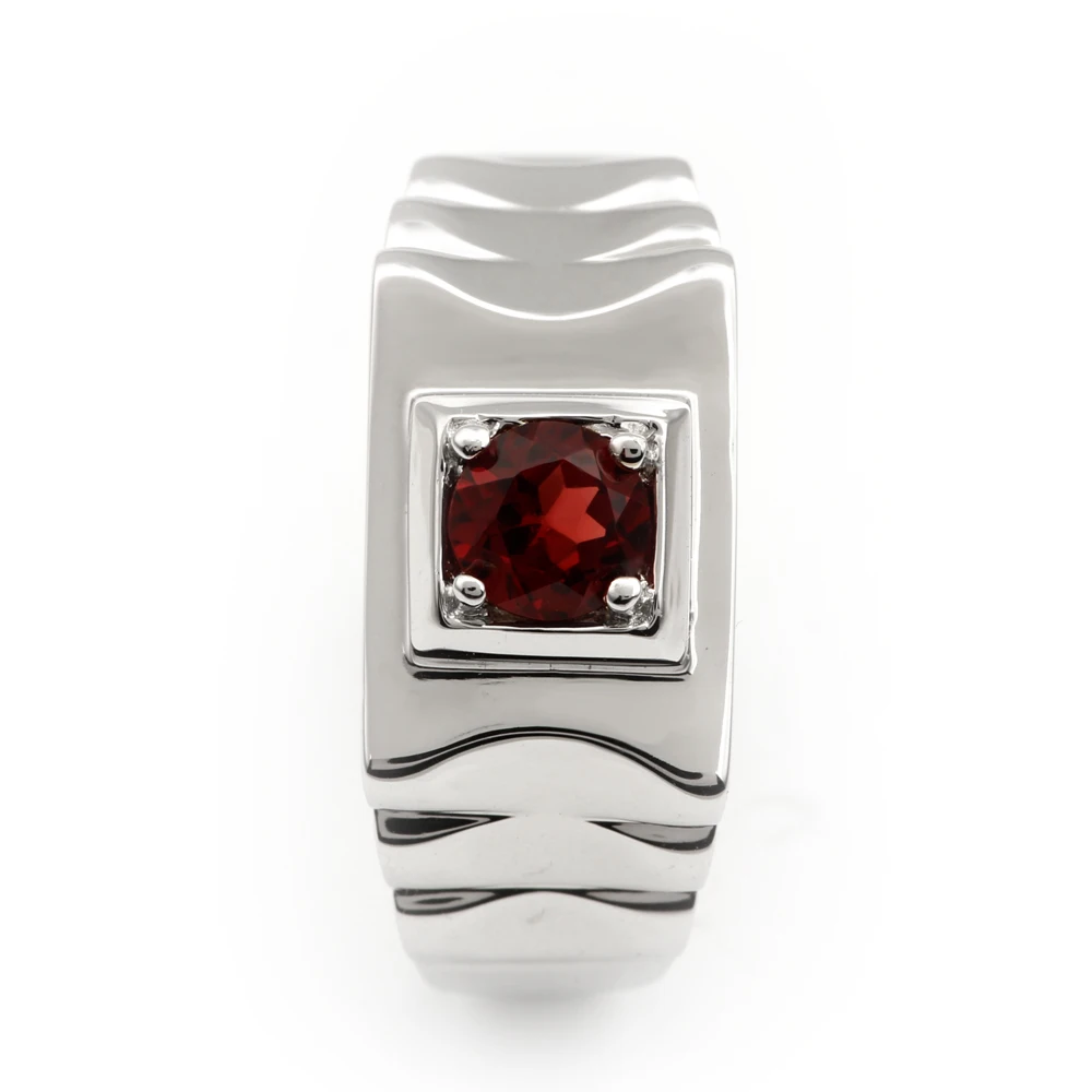 

Red Garnet Men Ring Silver 925 Ripple Band Design January Birthstone 5.5mm Real Gemstone Jewelry Father Gift R520RGN