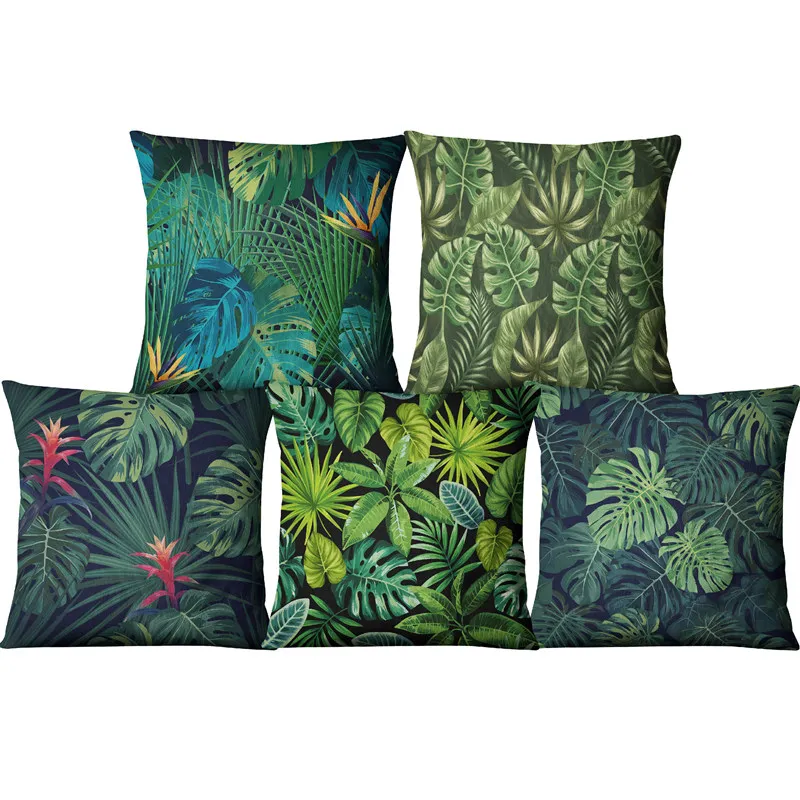 

Decorative throw pillowcase cover green leafs tropical plant cotton linen cushion cover for sofa home capa de almofadas 45x45