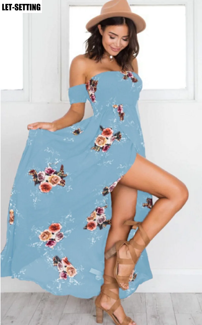 

printed slim chiffon dress holiday strapless long off shoulder maxi bohemian seaside split beach sexy dress XS-5XL,multi colors