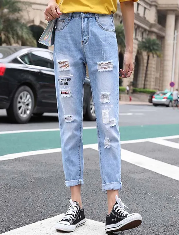 2019 New Arrival Female Casual Ripped Hole Loose Harem Pants Slim High Waist Jeans Fashion Nine Points Trousers Women D233 | Женская