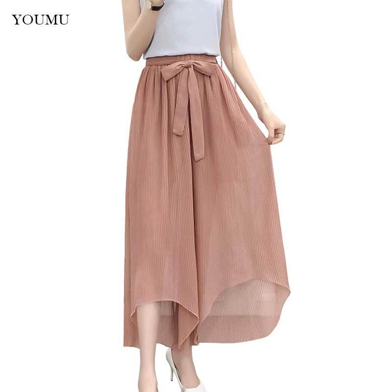 

Women Chiffon Wide Leg Cropped Pants Loose Casual Ankle-Length Trousers High Waist Solid 5 Colors Summer New 224-158