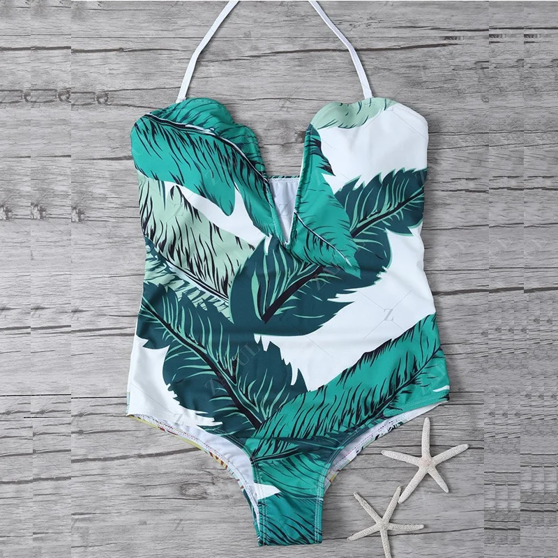 2017 New Green Leaves High Cut One Piece Swimsuit Women Swimwear Female Bodysuit Summer Beachwear Bathing Suit Monokini | Спорт и