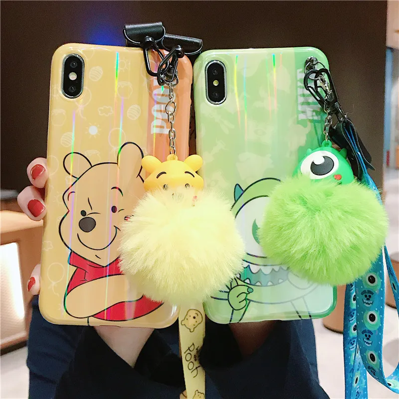 Для iphone XS Max с мультипликационным принтом с Винни-пухом для чехол для телефона, милый чехол с изображением чудовищ для iphone X XS XR 6 7 8 плюс Чехол+ игрушка помпоном+ ремень