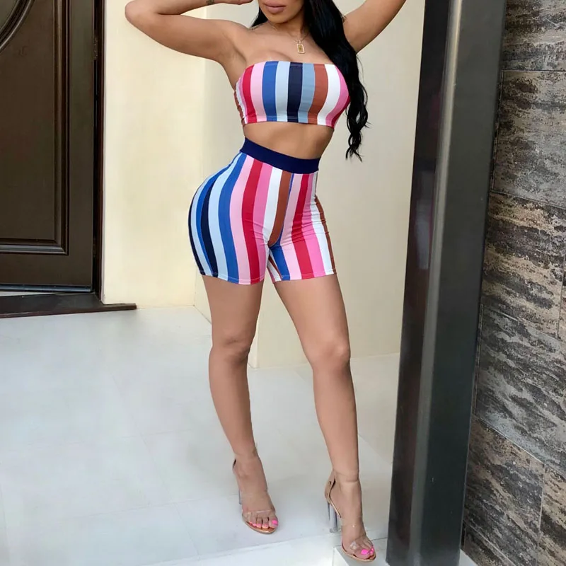 New Sexy Women set Strapless Crop Top and Shorts Two pieces Colourful Printed Striped Vacation Wear B06DR739 | Женская одежда