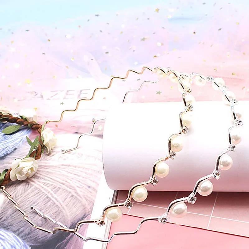 Korean Modis Elegant Metal Women Silver Golden Headband Girls Kawaii Pearl Hair Accessories Femme Crystal Hairband Headwrap |