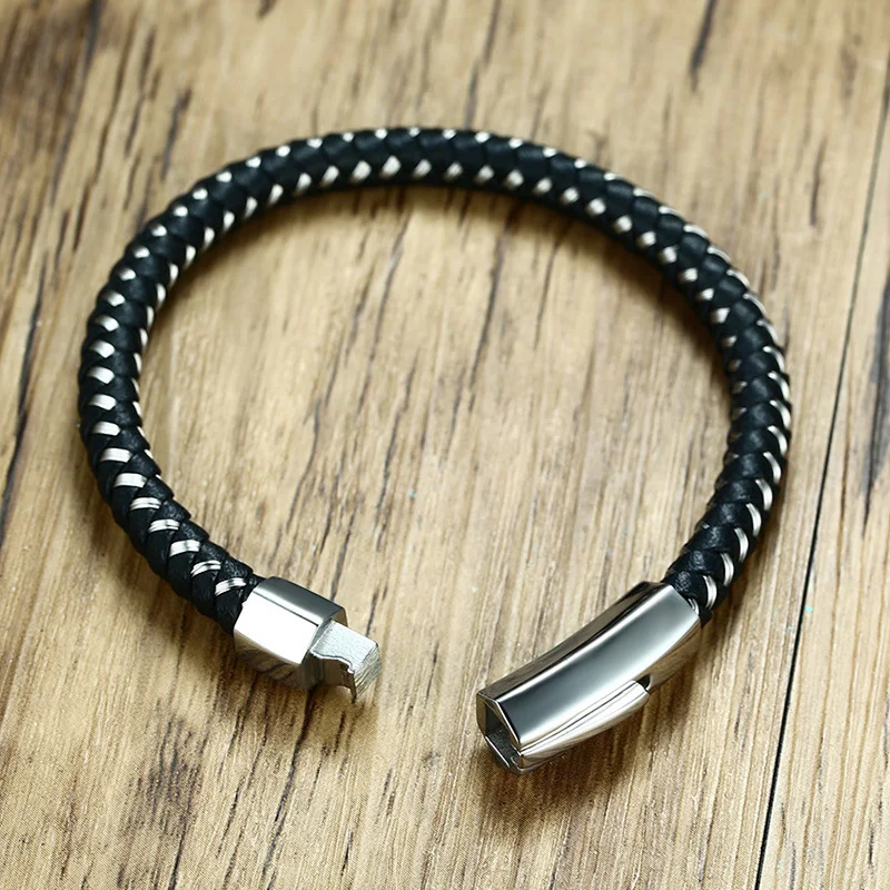 Vnox 6mm Genuine Leather Bracelet for Men Bangle Top Quality Stainless Steel Closure Classic Black Male Jewelry|bracelets for|leather braceletleather