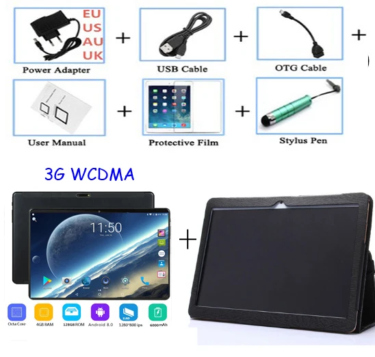 3G leather case 10-дюймовый Восьмиядерный 4G, планшет, PC, 4 Гб Оперативная память 128 Гб Встроенная память Android 8,0 ips 5.0MP 3g WCDMA с двумя сим-картами карты 1280*800 ips 10 дюймовый планшет - Bundle: 3G leather case