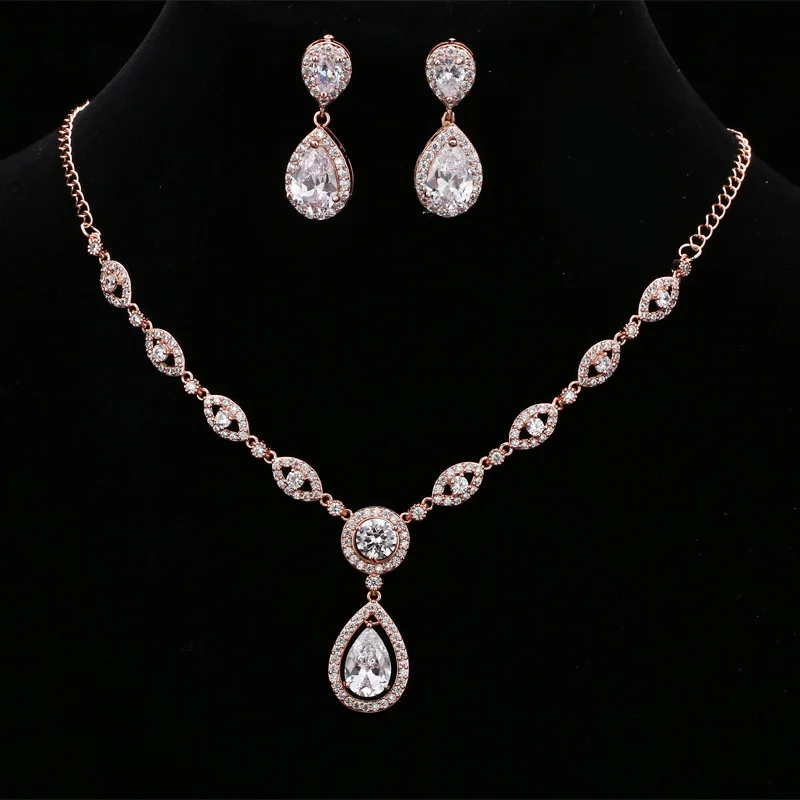 Rose-gold GMGYQ бренд сверкающий Циркон Ювелирные наборы Модный каплевидный цветок набор элегантное вечернее платье невесты для женщин - Окраска металла: Rose-gold