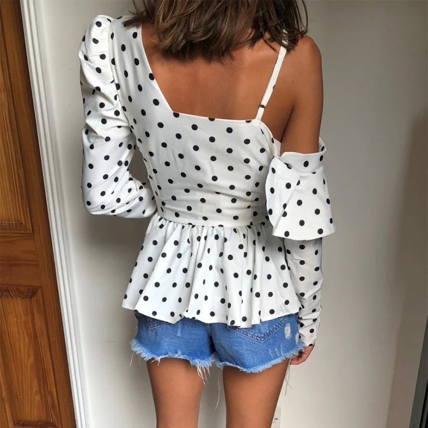 OOTN High Street Black White V Neck One Shoulder Strap Ruffle Polka Dot Blouse 2018 Autumn Winter Puff Sleeve Long |