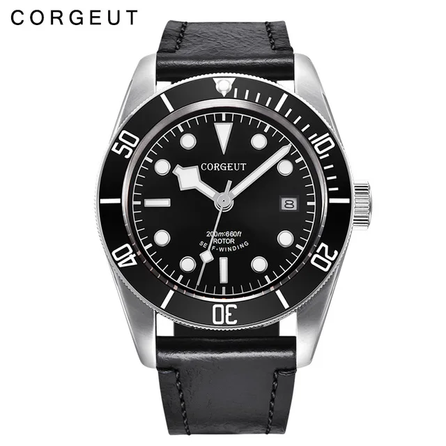 Автоматические Мужские часы Corgeut Military Schwarz Bay наручные часы кожаные lume водонепроницаемые спортивные мужские часы для плавания Relogio Masculino - Цвет: white black bezel
