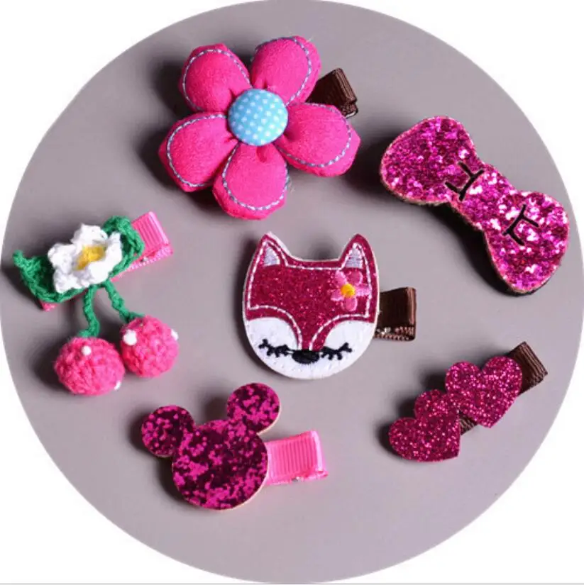 6PCs/lot Baby Girls Cherry Beads Hair Pins Animal Fox Bow Headwear Girl Accessories Duck Star Bird Flower Clip Hairpin | Детская одежда