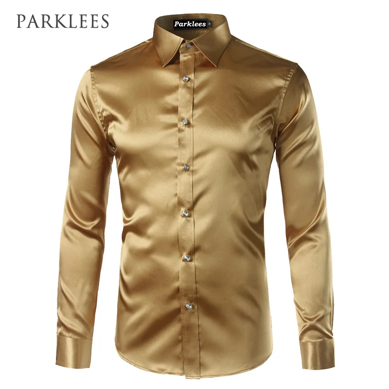 Новинка, Золотая шелковая атласная рубашка для мужчин, Chemise Homme,, модная мужская приталенная рубашка с длинным рукавом, имитация шелковой пуговицы, красная рубашка - Цвет: Gold