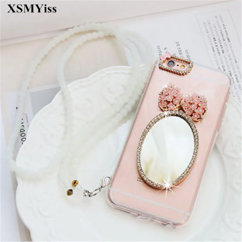 

For Samsung S6 S7 S8 S9 S10 S20 S21 Plus Note 5 8 9 10 20 Cute Bowknot Bling Rhinestone Mirror Phone Case Soft Clear Back Cover