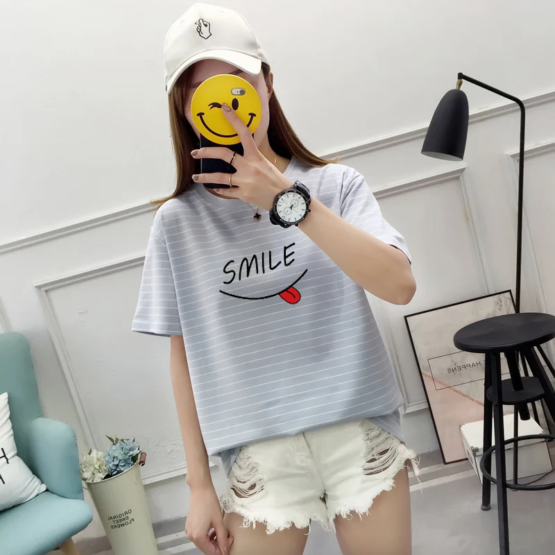 

Summer Women's T-shirt Harajuku Funny Letter Print T-Shirt Femme Casual Cotton Streetwear Sweet Stripe Short Sleeve T-Shirt Tops