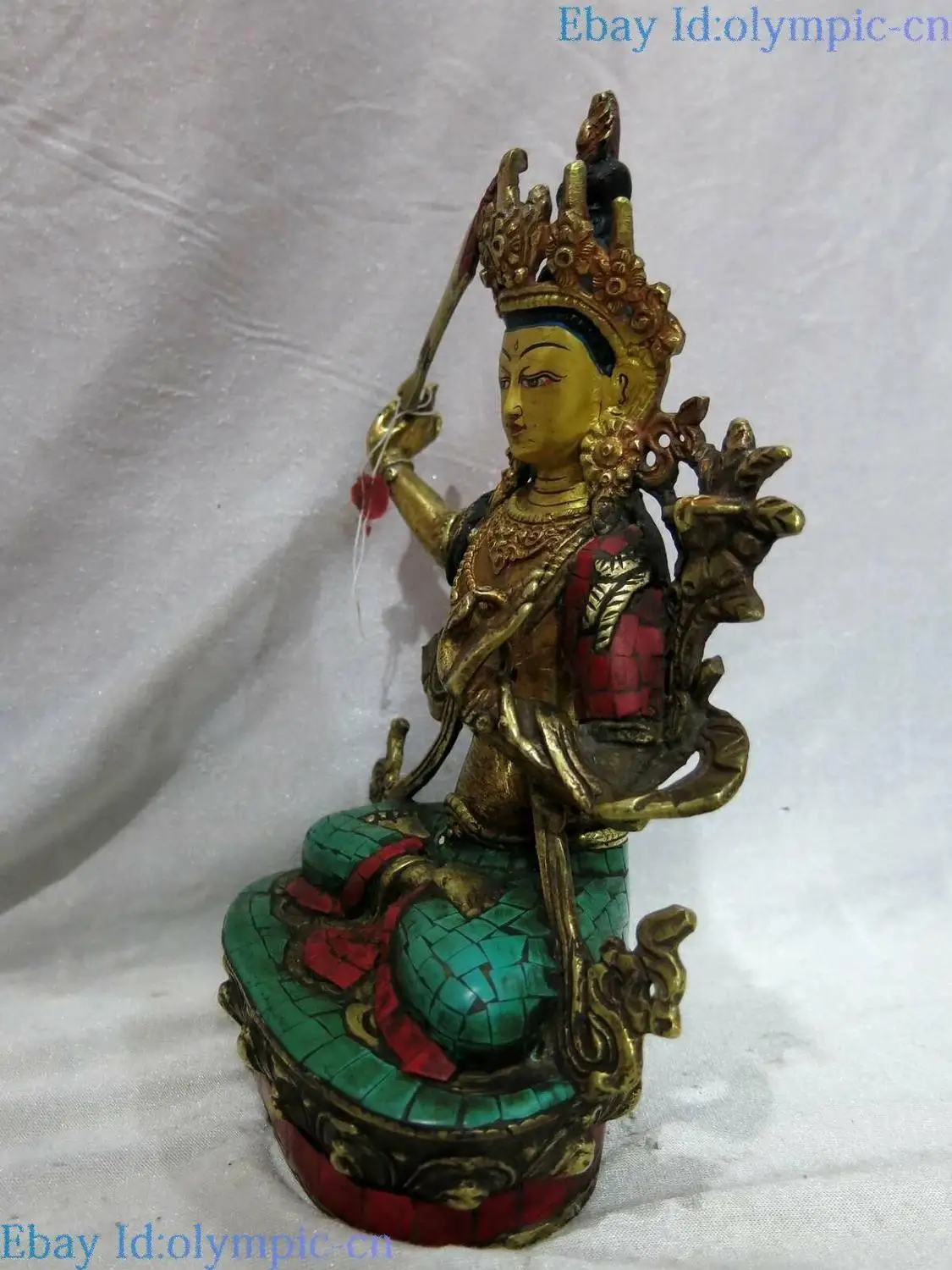 9 "Тибет Старая Бронза gild calaite скульптура Manjusri Kwan-yin статуя Бодхисаттвы | Дом и