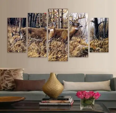 

Modern Home HD Printed Wall Art Poster Frame 5 Pieces Pictures Forest Animal Deer Landscape Painting On Canvas Room Decor