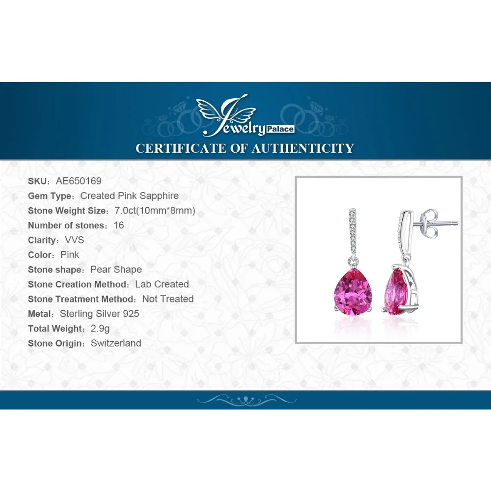 Jewelrypalace Роскошные 7ct создано розовый сапфир Висячие серьги 925 серебро Красивые ювелирные изделия воды Висячие серьги для Для женщин подарок