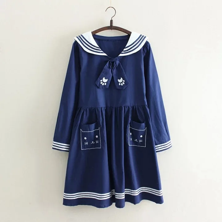 Japanese Girls Lovely Cat Embroidery Design Dresses Casual Youth Women Sailor Collar With Tie Cotton Dress Drop Shipping | Женская