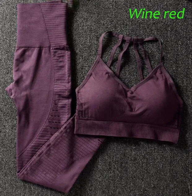 Wine red 2 шт. бесшовная энергетическая Йога набор для женщин тренажерный зал фитнес спортивные костюмы Высокая талия Леггинсы для бега Спортивная одежда для тренировок спортивный бюстгальтер+ брюки - Цвет: Wine red