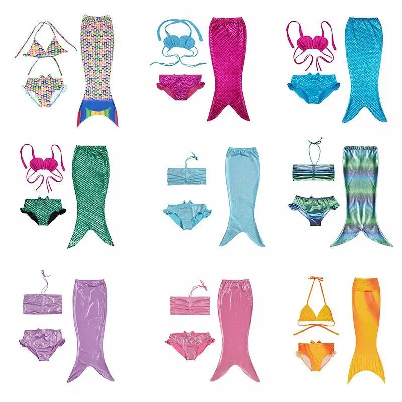 

3 Peices Girls Kid Cute Swimming Suit Mermaid Mermaid Tail Bikini Set Bathing Suit Swimwear Costumes For 3-11Y Baby Girls Child