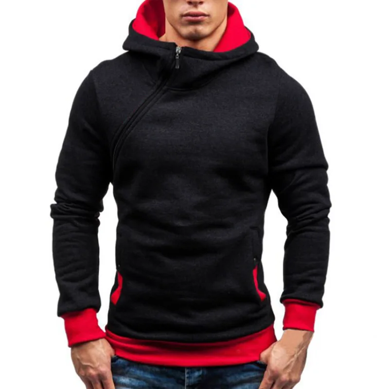 black red Новые повседневные однотонные мужские толстовки с капюшоном на диагональной молнии с длинным рукавом, мужские толстовки с капюшоном, пуловеры, толстовки с капюшоном для мужчин - Цвет: black red