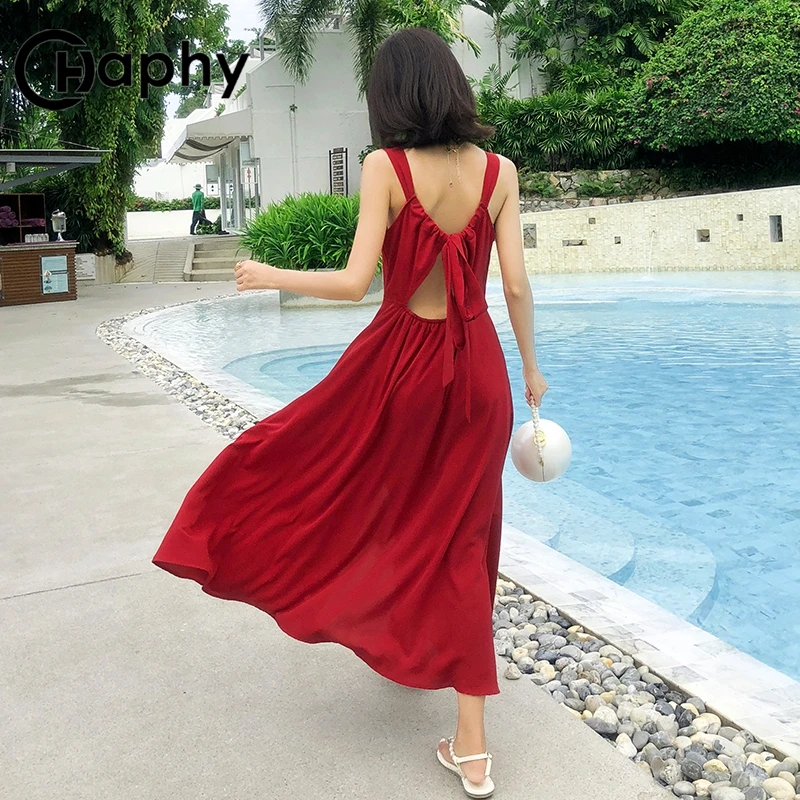 Богемное платье с открытой спиной на шнуровке 2019 сексуальные спагетти ремень