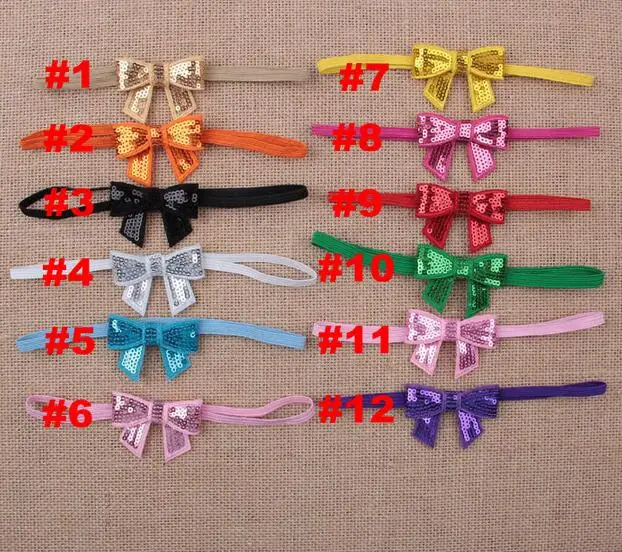 Infantile Girls Sequin Bow Headbands For Kids Solid Elastic Hair Band Large Gold Glitter Accessories YH398 | Детская одежда и