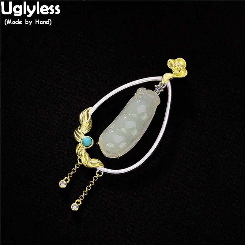 

Uglyless 100% Real 925 Sterling Silver Ethnic Tassels Pendants for Women Natural Jade Peas Necklaces NO Chains Beans Pendant