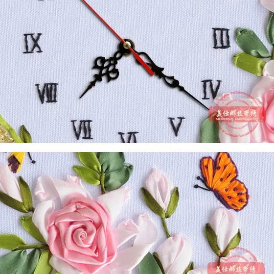 Набор для вышивки с цветами розы и лентами часы ручная работа вышивка крестиком