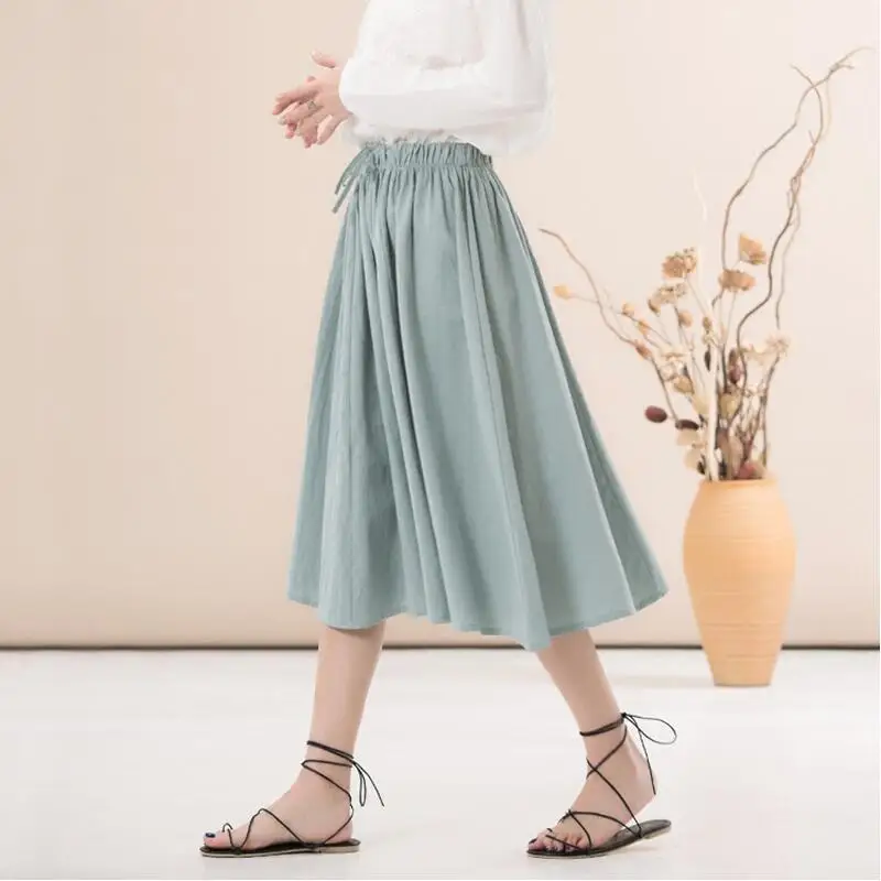 Женская плиссированная юбка хлопковая льняная с эластичной талией большого