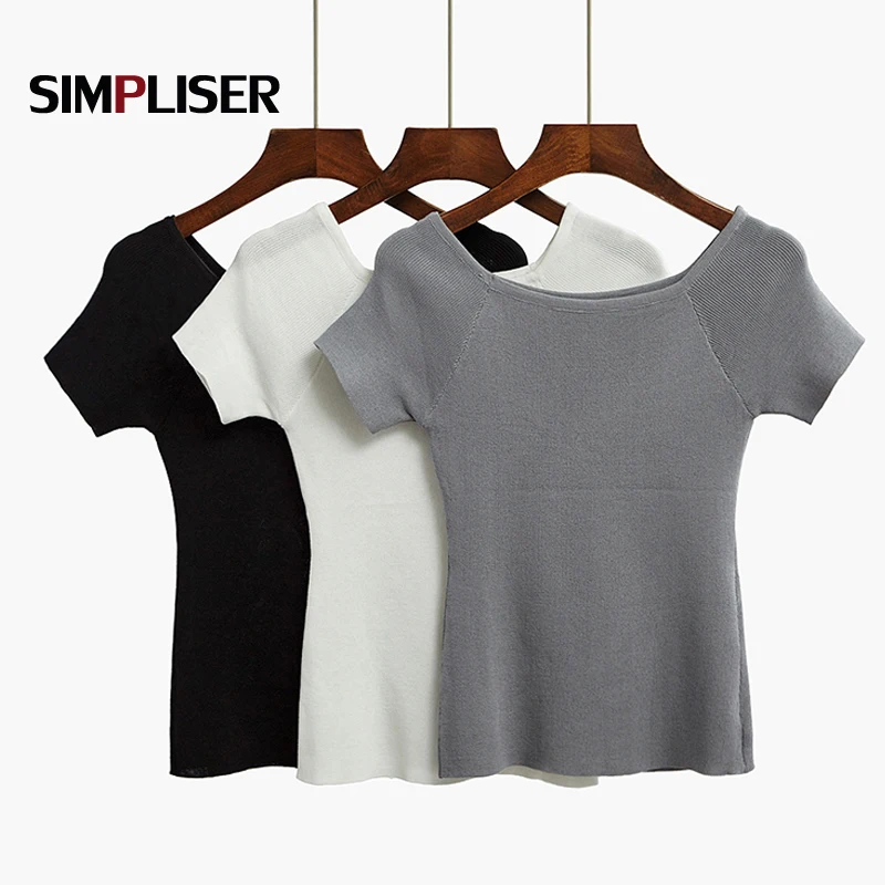 Summer Knitted Tees For Women 2019 Off Shoulder Sexy Pullovers Striped Female Knitting Shirts M L Basic Tops Cool Sweaters Hot | Женская