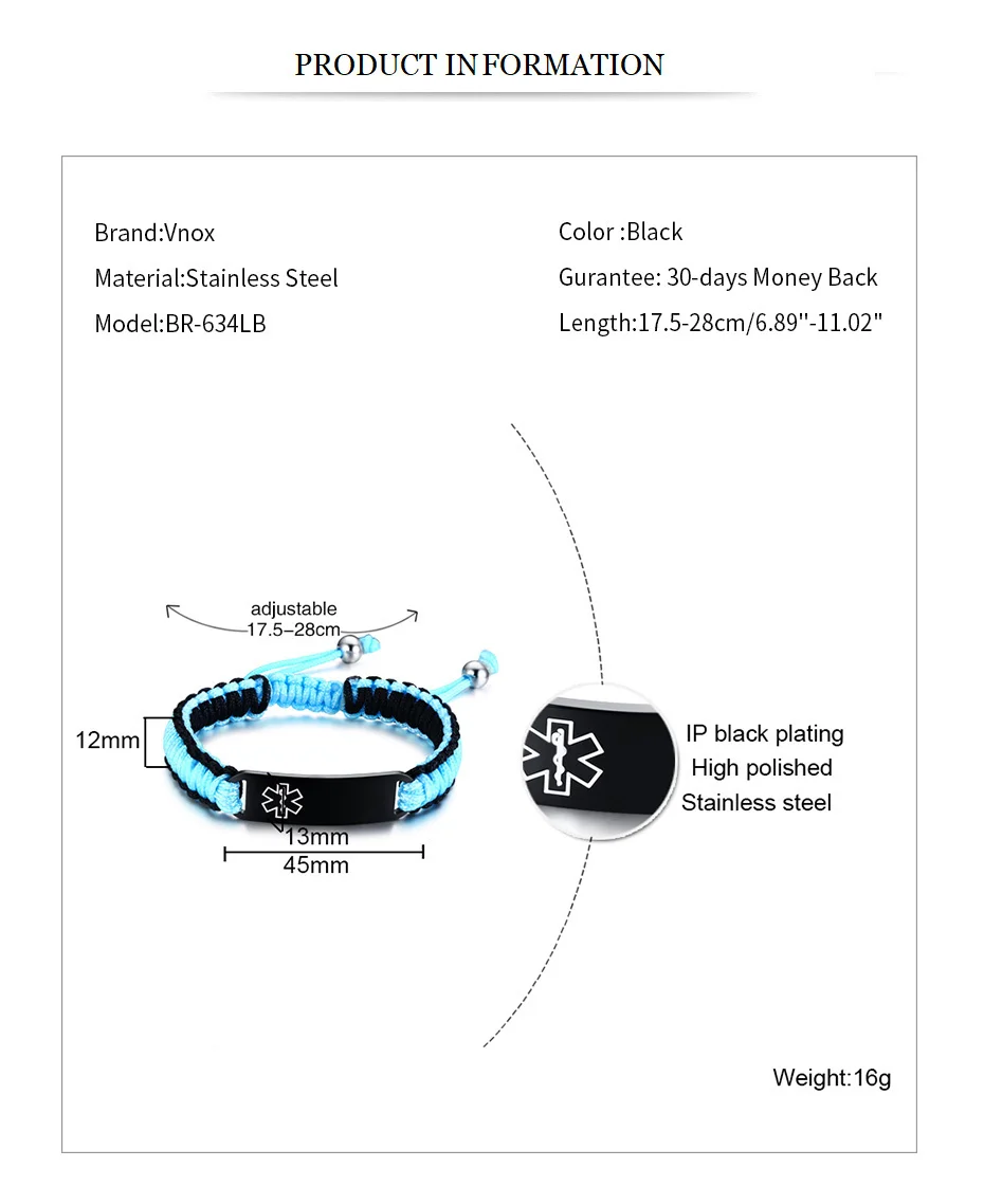 Vnox,, на заказ, водонепроницаемые спортивные медицинские браслеты для мужчин и женщин, ручная работа, регулируемая плетеная веревка из нержавеющей стали