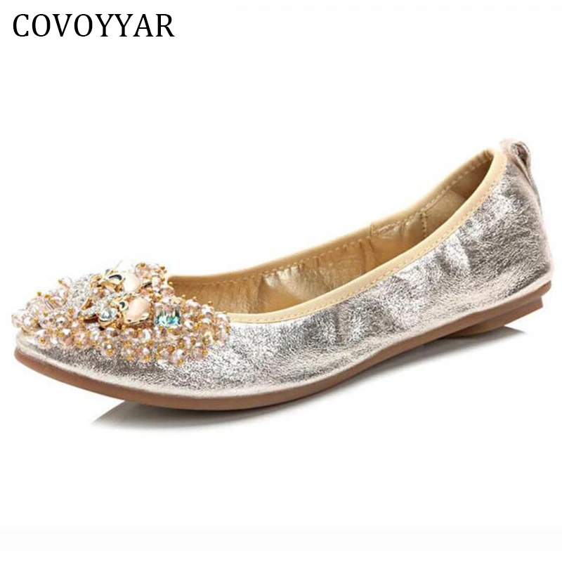 Женские складывающиеся балетки на плоской подошве украшенные стразами и лисой