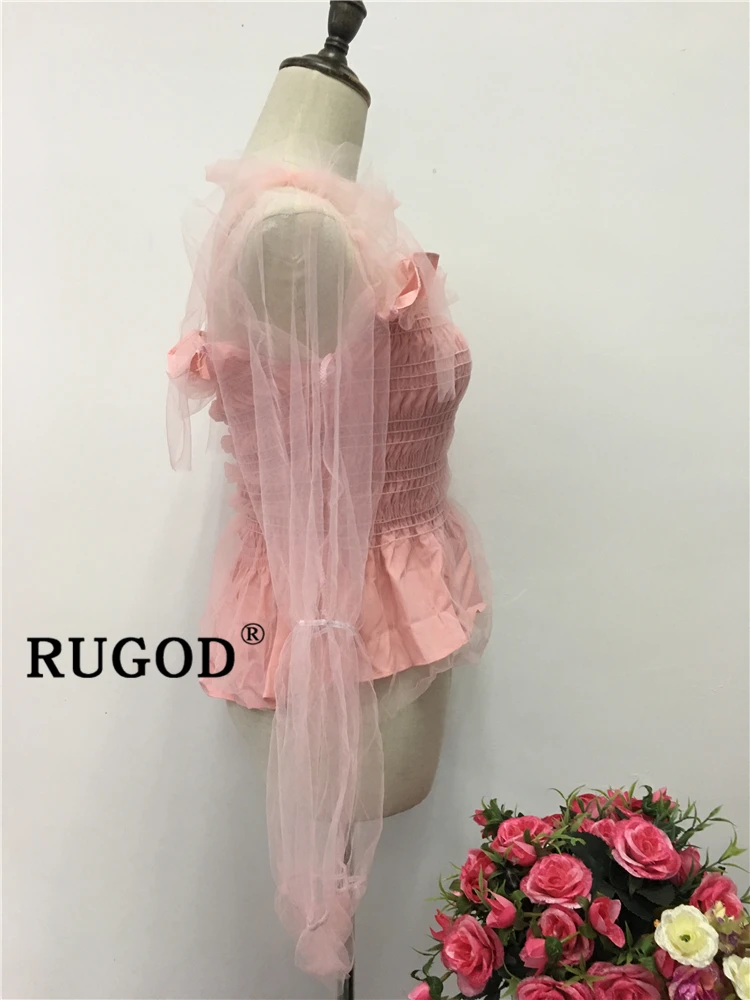 RUGOD корейские шикарные кружевные сетчатые блузки женские элегантные летние вечерние кружевные рубашки с открытыми плечами женские модные топы с оборками