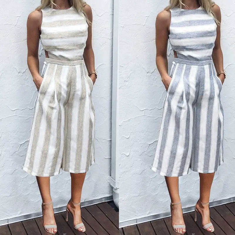 2019 New Fashion Women Romper Grey Sleeveless Striped Jumpsuit Casual Clubwear Wide Leg Pants Outfits summer wild stylish | Женская