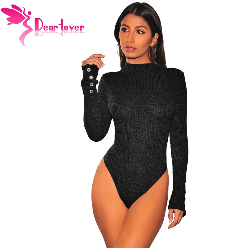 Dear Lover с длинным рукавом кнопкой Mock Neck Bodycon сексуальное боди Черный 2019